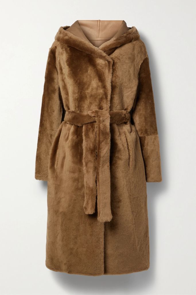 Reversible Hooded Shearling Coat - Brown