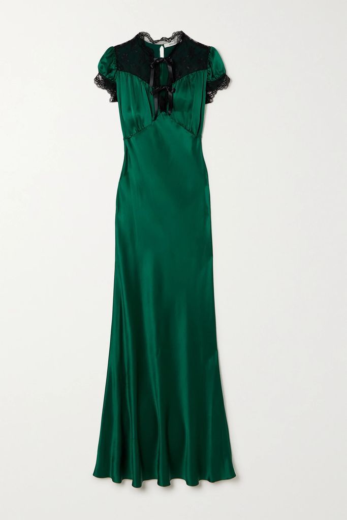 Lace-trimmed Silk-satin Dress - Green