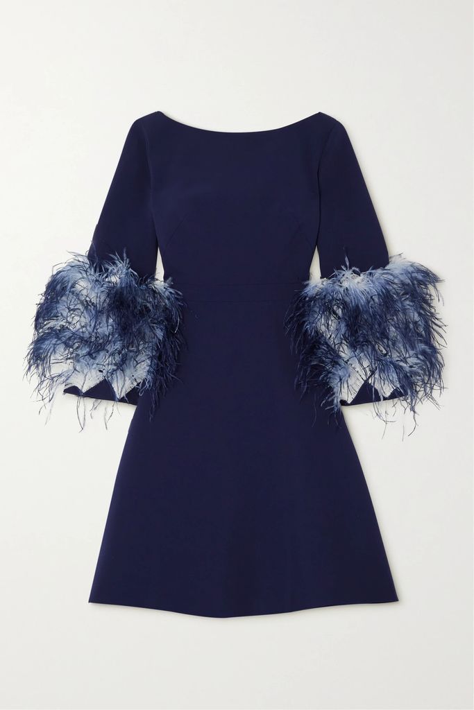 Reign Feather-trimmed Crepe Mini Dress - Navy