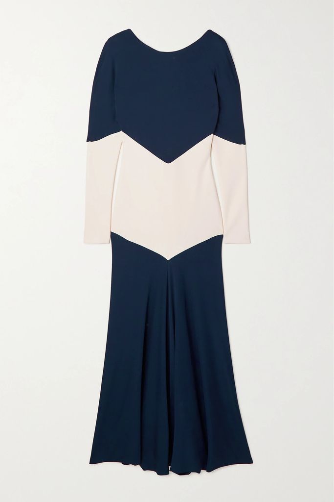 Pleated Two-tone Cotton-blend Jersey Maxi Dress - Navy