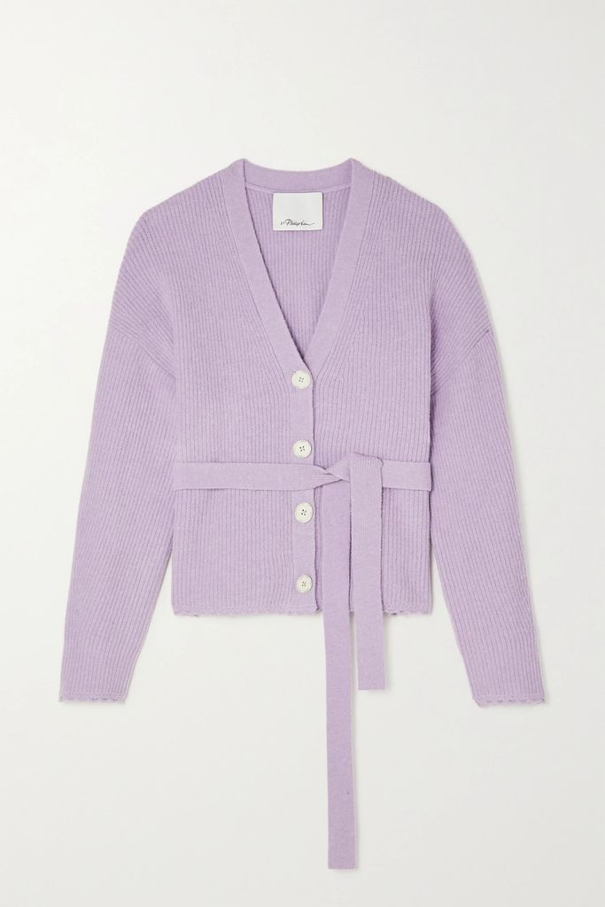 Belted Scalloped Ribbed-knit Cardigan - Lilac