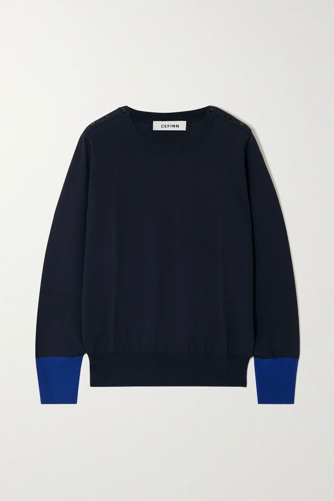 Colette Button-detailed Two-tone Knitted Sweater - Navy