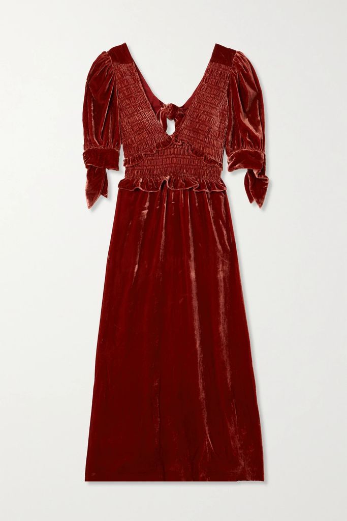 Mayde Open-back Smocked Velvet Midi Dress - Burgundy