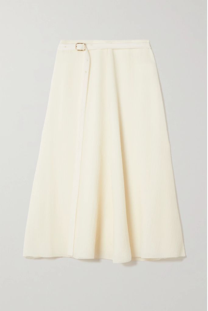 Belted Wool-gauze Midi Skirt - White