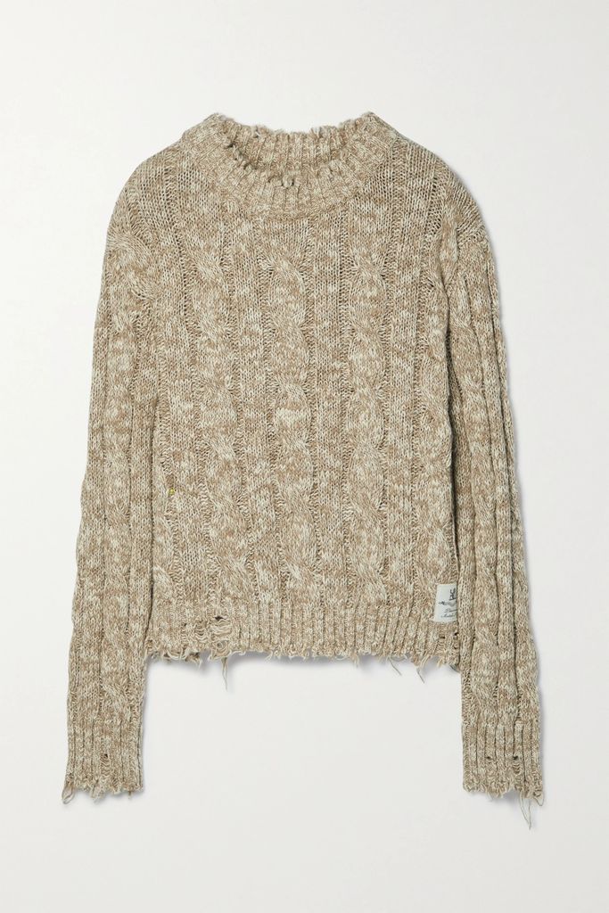 Distressed Cable-knit Cotton Sweater - Beige