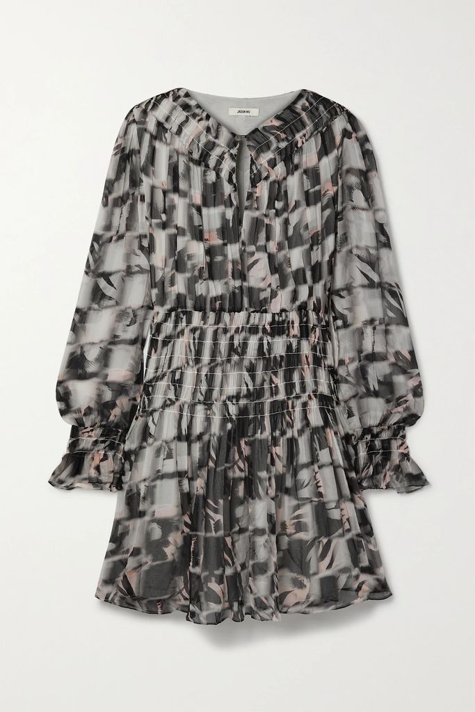 Shirred Printed Silk-crepon Mini Dress - Black