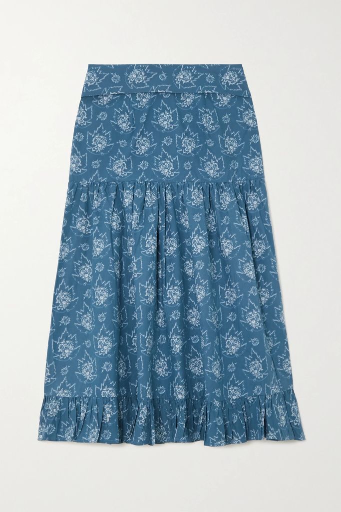 Natasha Tiered Floral-print Cotton-poplin Midi Skirt - Blue