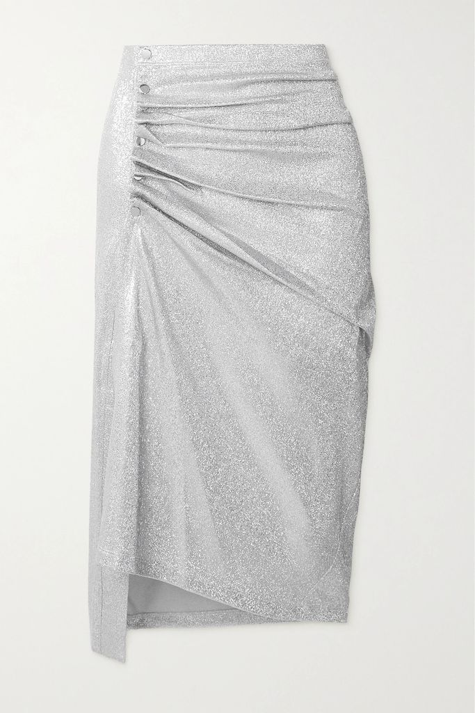 Asymmetric Gathered Metallic Stretch-knit Midi Skirt - Silver