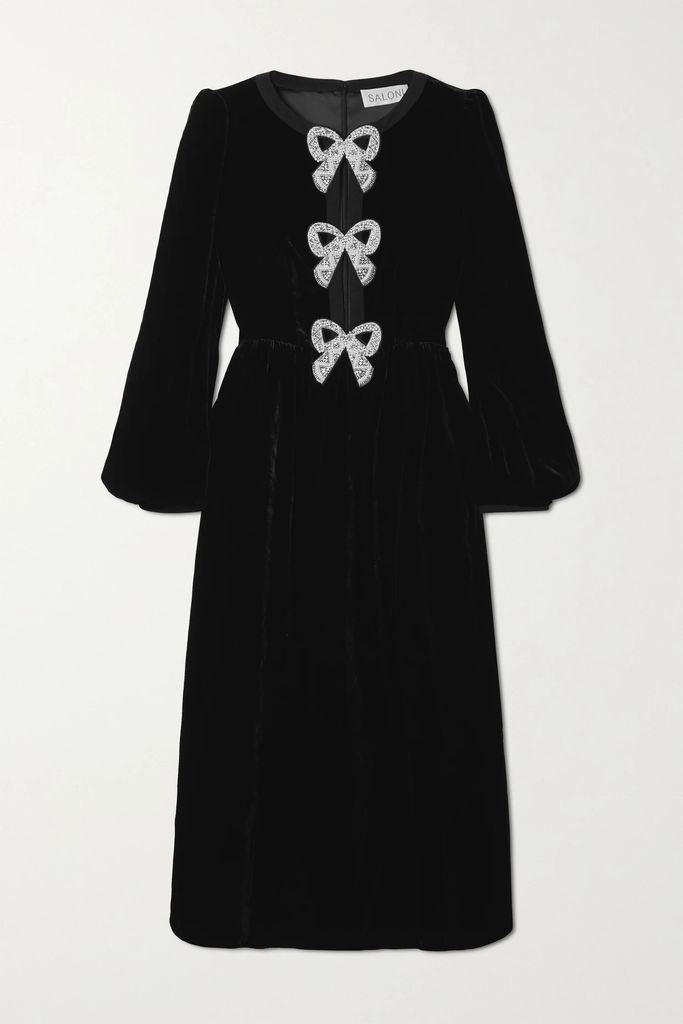 Camille Bow-embellished Velvet Midi Dress - Black