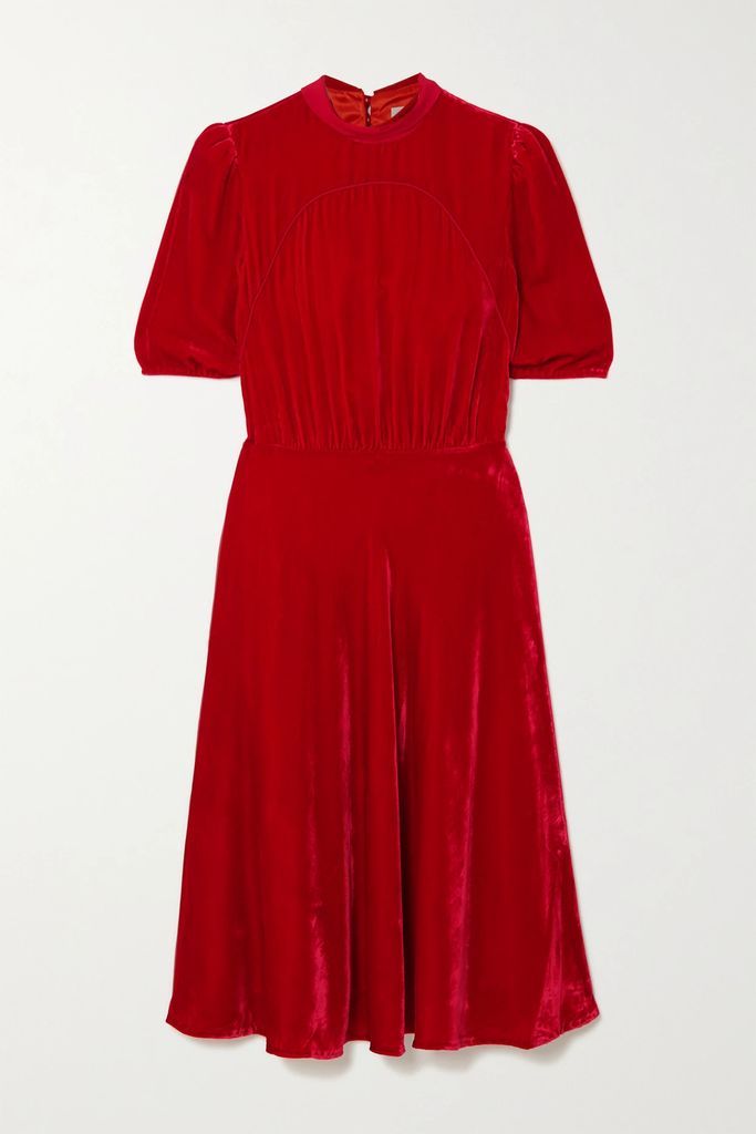 Dahila Silk Chiffon-trimmed Velvet Midi Dress - Red