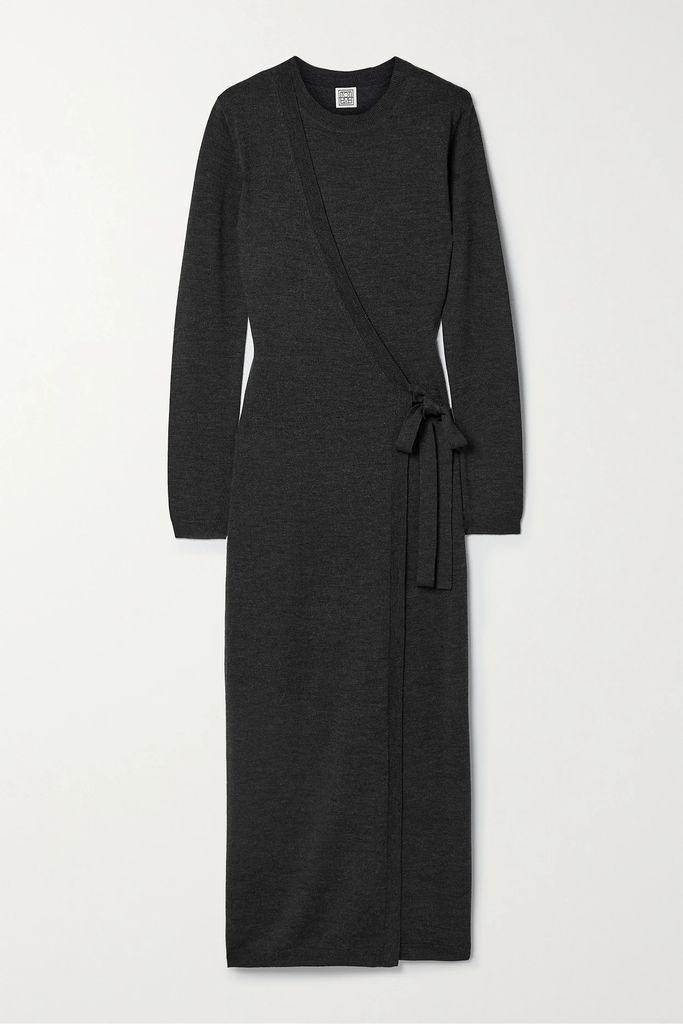 Wool Midi Dress And Wrap Cardigan Set - Gray