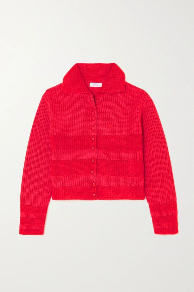 Cropped Ribbed-knit Cardigan - Red