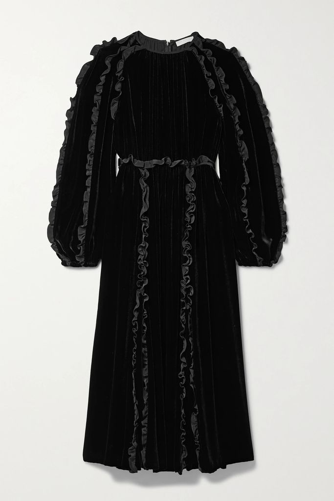 Ariane Ruffled Velvet Midi Dress - Black