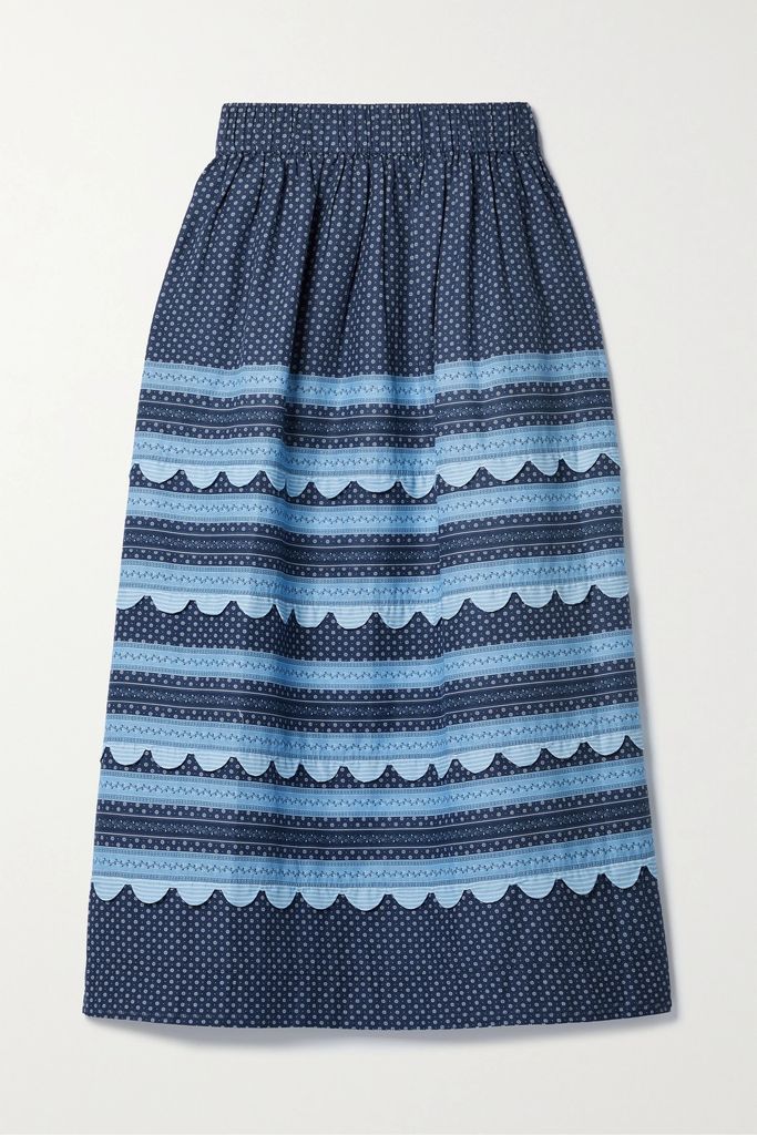 Palmer Scalloped Floral-print Cotton-poplin Midi Skirt - Blue