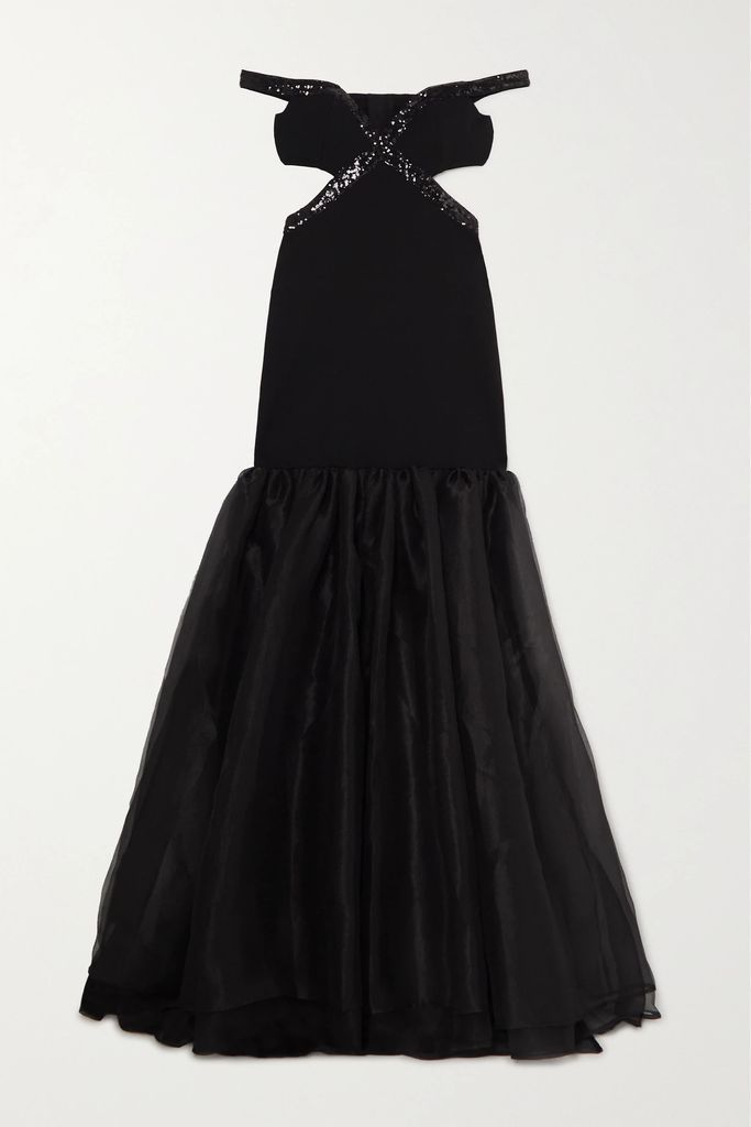 Emmaline Sequin-embellished Stretch-ponte And Organza Gown - Black
