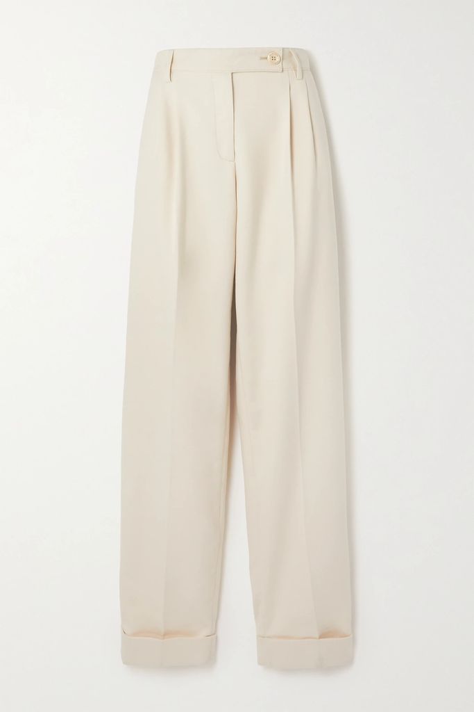 Pleated Cotton-blend Twill Straight-leg Pants - White