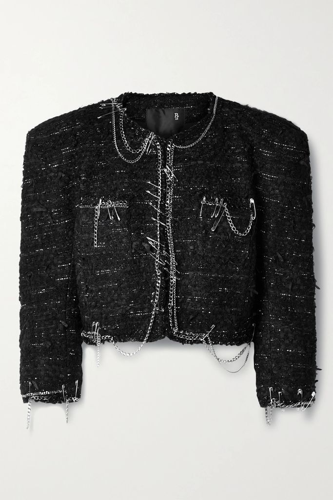 Cropped Embellished Metallic Tweed Jacket - Black