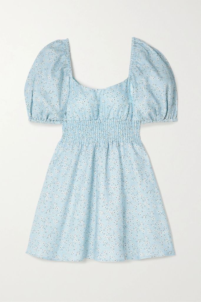 + Net Sustain Smocked Floral-print Linen Mini Dress - Blue