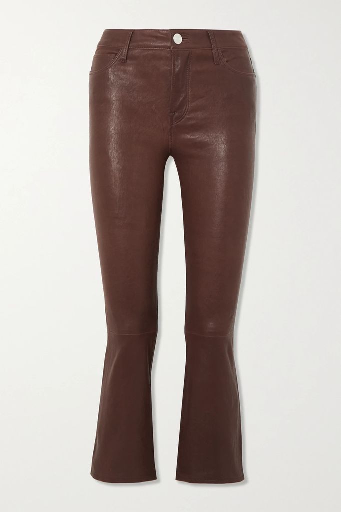Le Crop Mini Boot Cropped Leather Flared Pants - Burgundy