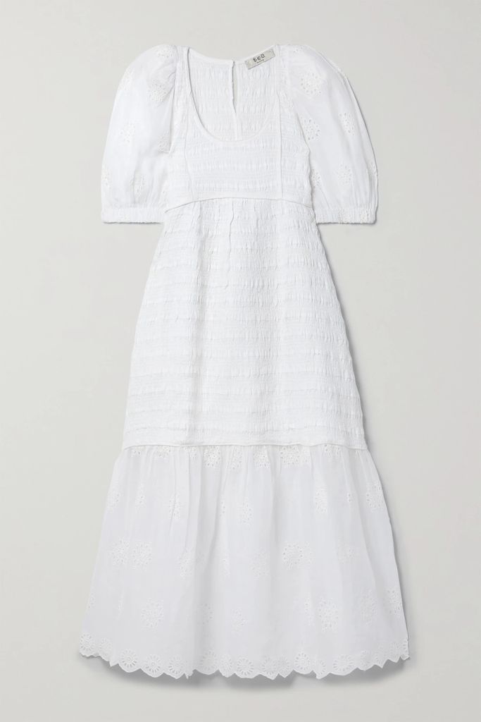 Blaine Broderie Anglaise-trimmed Tiered Shirred Cotton Midi Dress - White