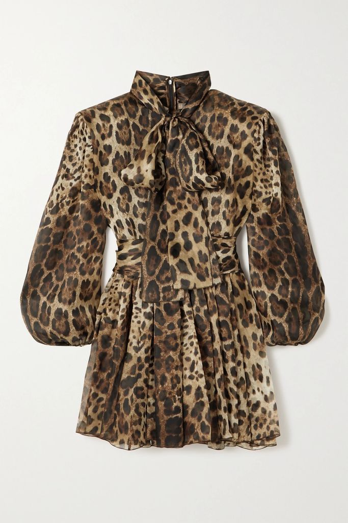 Pussy-bow Leopard-print Silk-blend Organza Mini Dress - Leopard print