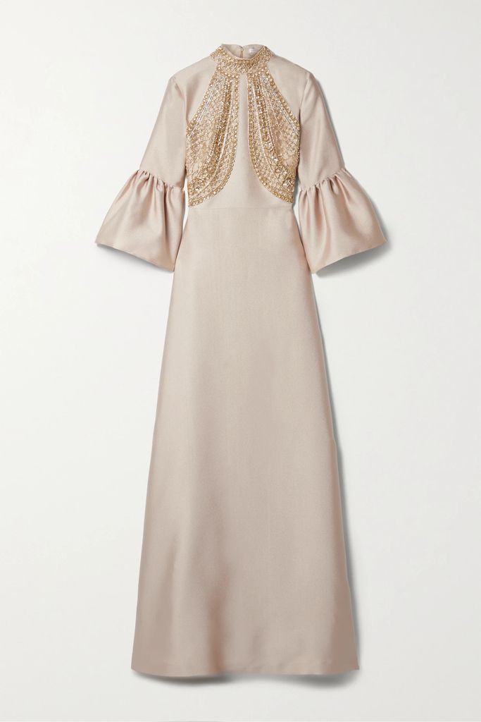 Embellished Ruffled Satin-piqué Gown - Beige