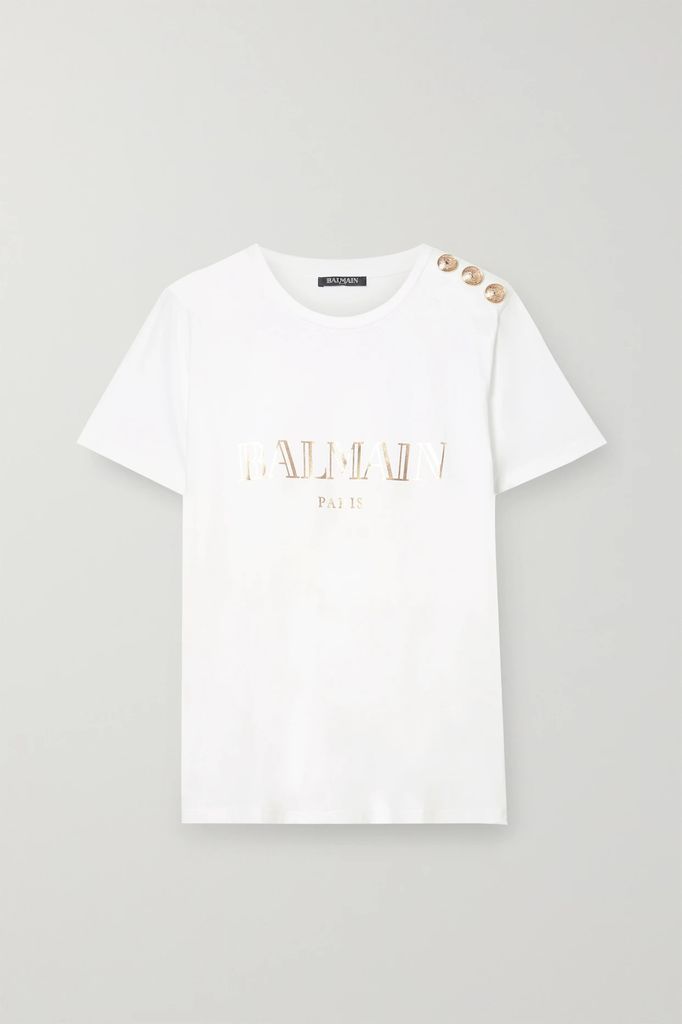 Button-embellished Printed Cotton-jersey T-shirt - White