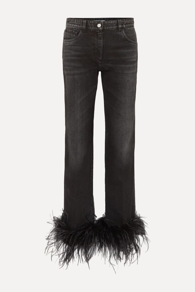 Cropped Feather-trimmed Straight-leg Jeans - Black
