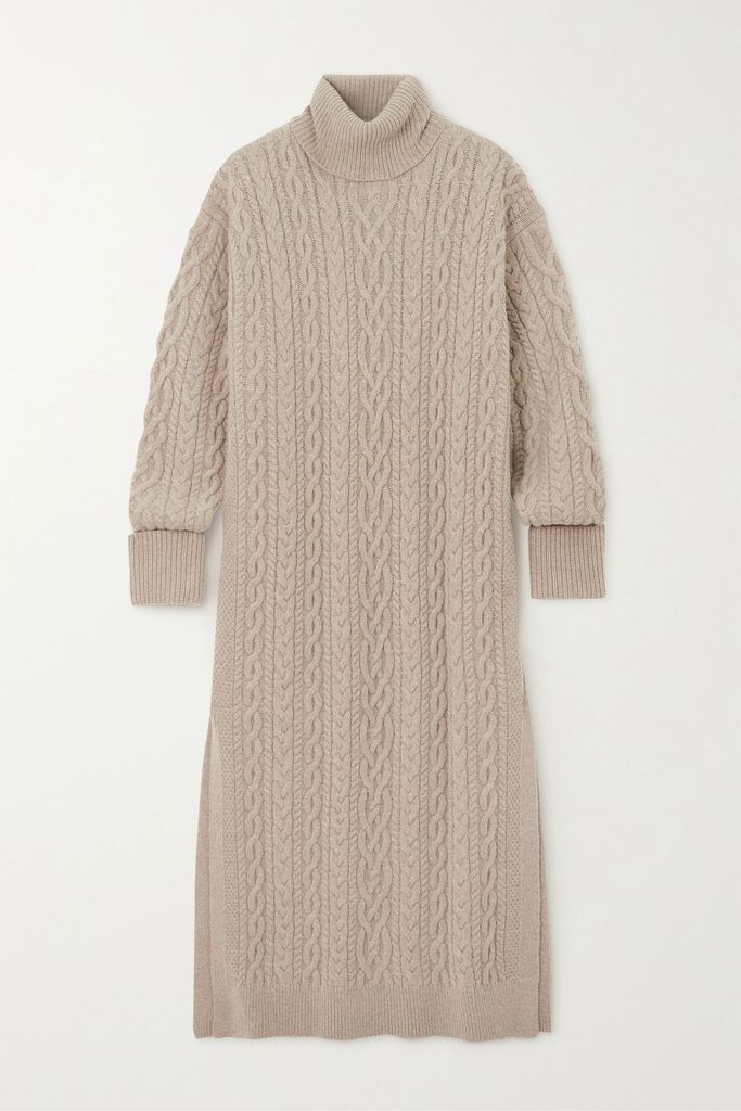 Cable-knit Wool-blend Turtleneck Midi Dress - Beige