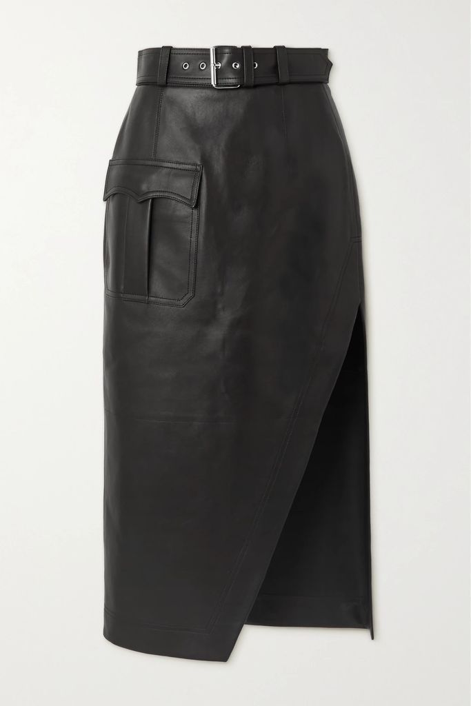 Belted Leather Midi Skirt - Black