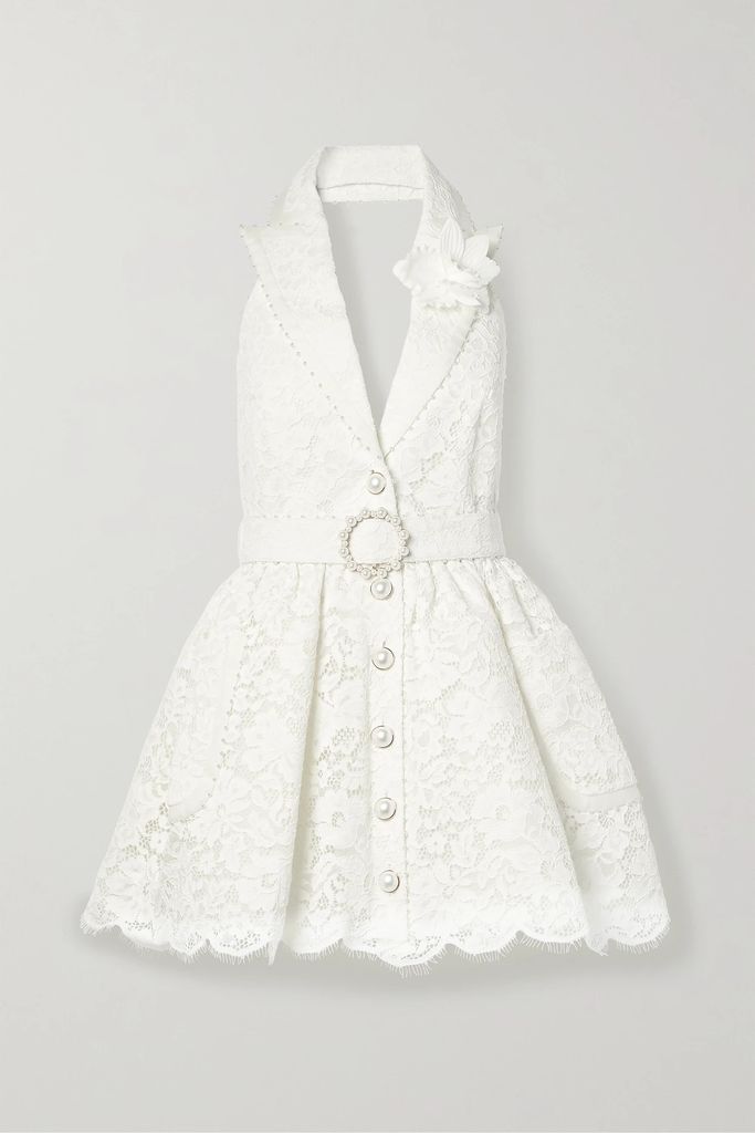 High Tide Belted Embellished Corded Lace Halterneck Mini Dress - Ivory