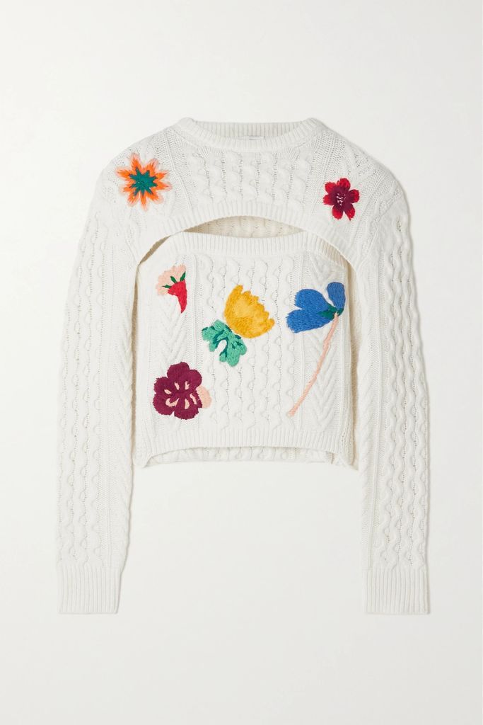 Thousand In One Ways Embroidered Cable-knit Wool-blend Sweater - Ivory