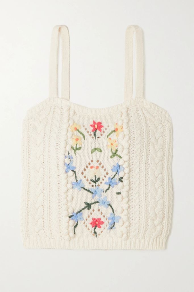 Embroidered Cable-knit Wool-blend Tank - Cream