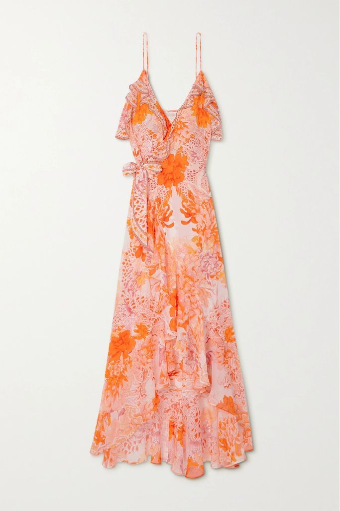 Embellished Floral-print Silk Crepe De Chine Midi Wrap Dress - Orange