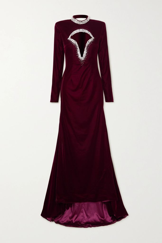Crystal-embellished Cutout Stretch-velvet Gown - Red