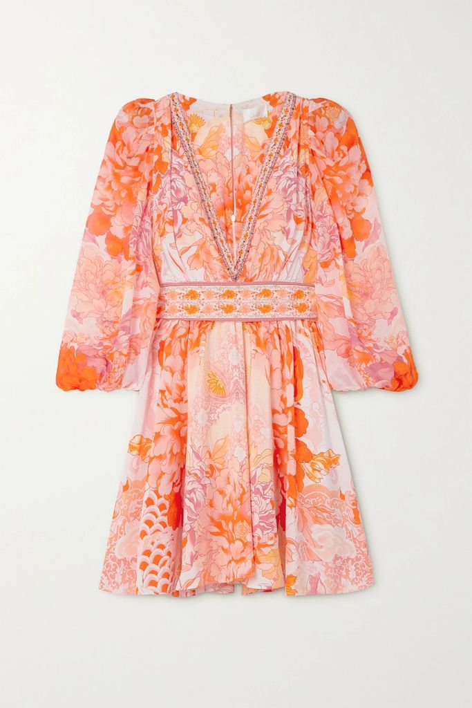 Embellished Printed Silk Crepe De Chine Mini Dress - Orange