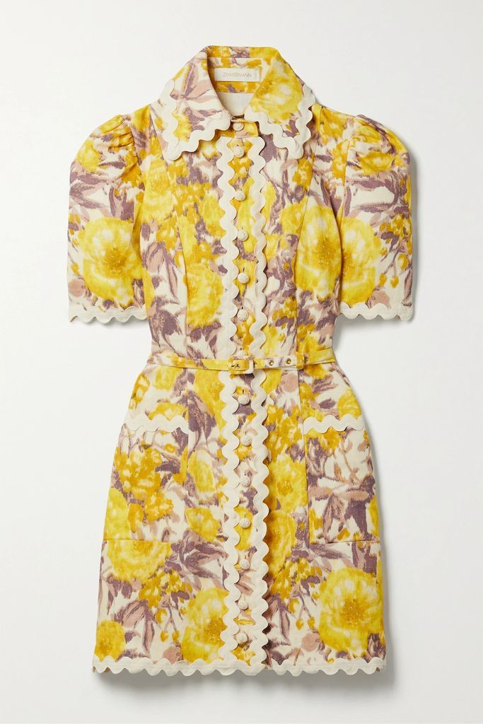 High Tide Belted Ric Rac-trimmed Floral-print Linen Mini Dress - Yellow
