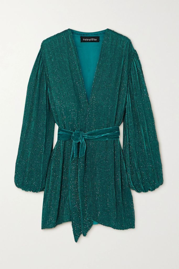 Gabrielle Velvet-trimmed Sequined Chiffon Mini Wrap Dress - Emerald