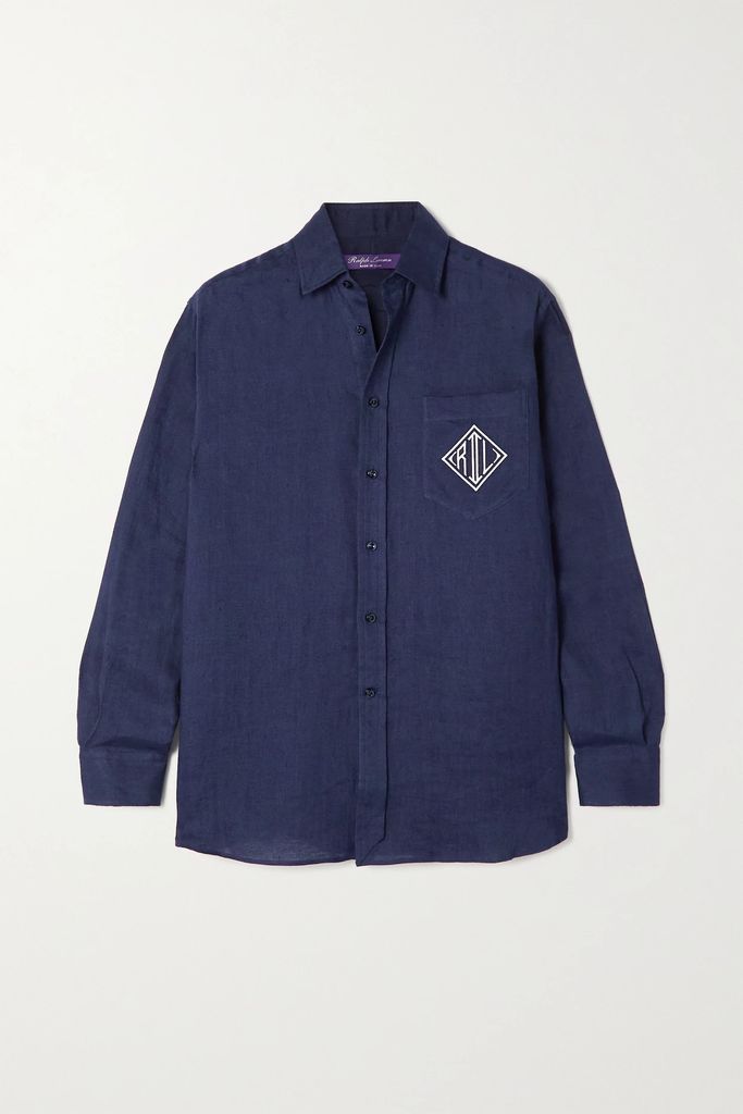 Adrien Embroidered Linen Shirt - Navy