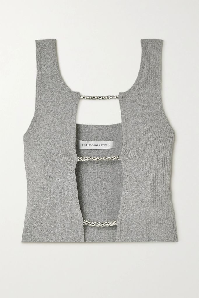 Cropped Cutout Crystal-embellished Cutout Stretch-knit Top - Gray