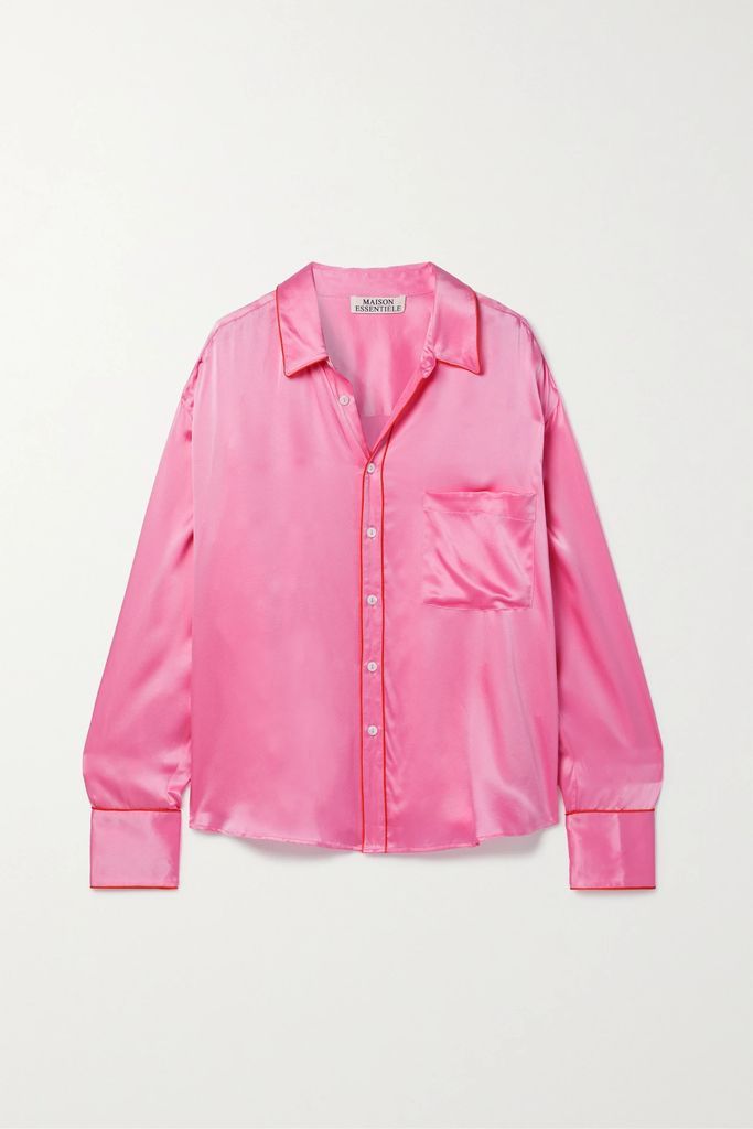 Piped Silk-satin Pajama Shirt - Pink