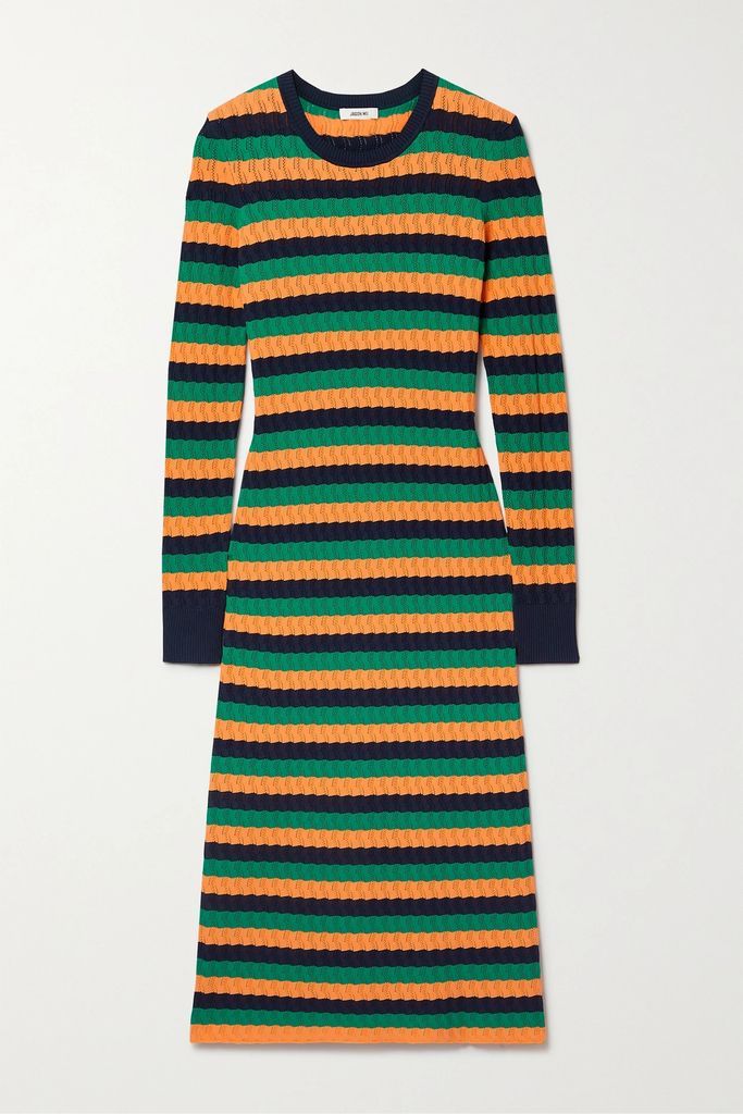 Striped Pointelle-knit Midi Dress - Green
