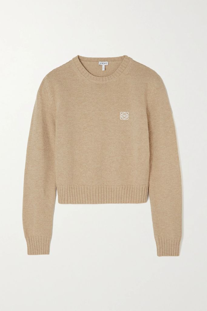Anagram Cropped Embroidered Wool-blend Sweater - Tan