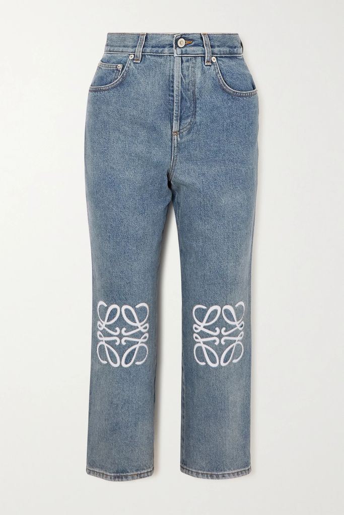 Appliquéd Cropped High-rise Straight-leg Jeans - Blue