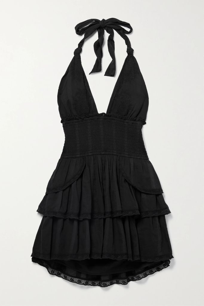 Deanna Shirred Ruffled Cotton Halterneck Mini Dress - Black