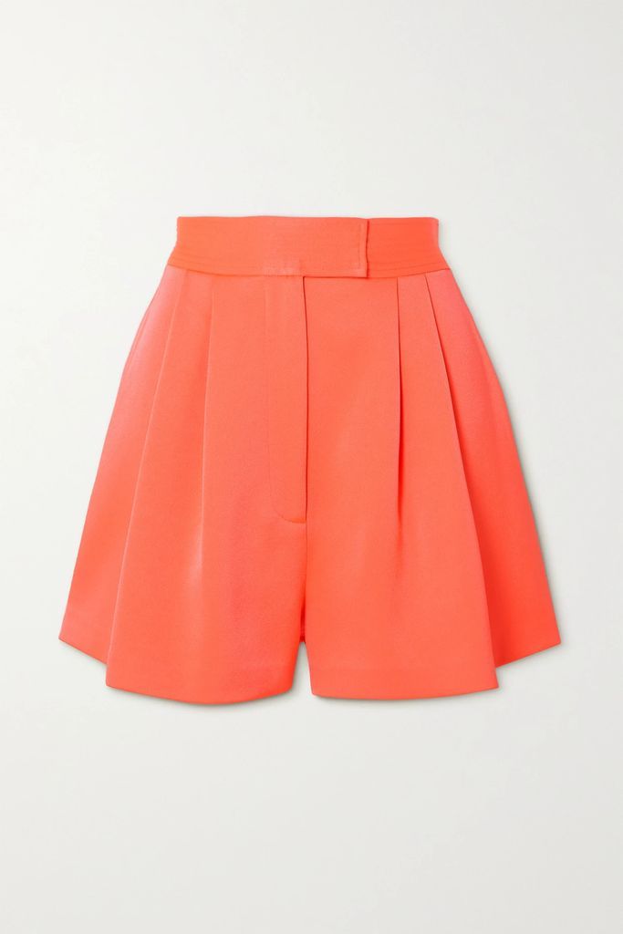 Porter Pleated Neon Satin-crepe Shorts - Orange