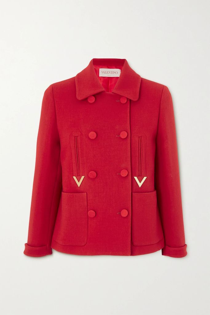 Double-breasted Embellished Wool-blend Jacket - Red