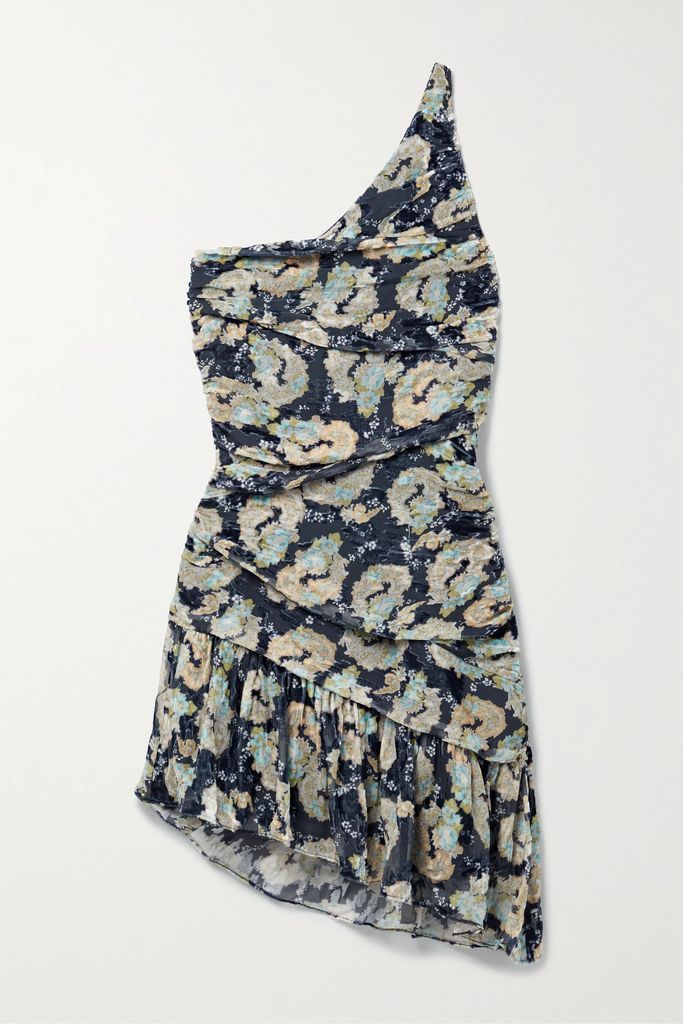Zietta One-shoulder Floral-print Devoré-chiffon Mini Dress - Navy