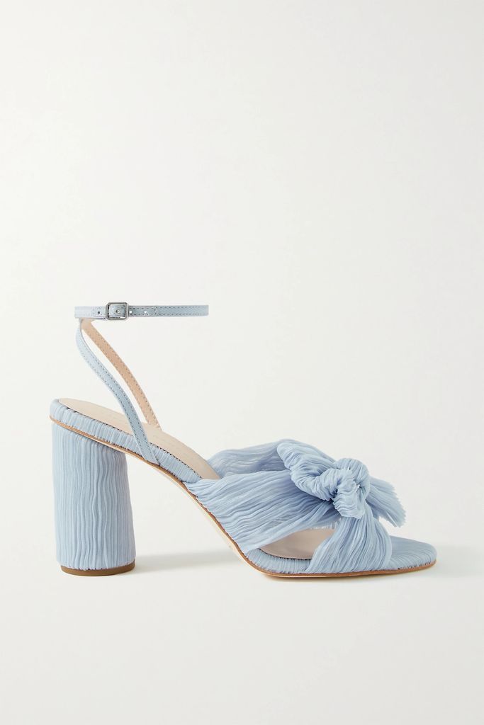 Camellia Bow-embellished Plissé-organza Sandals - Sky blue