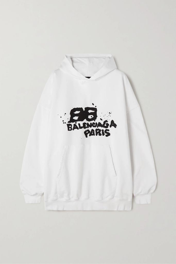 Oversized Printed Cotton-blend Jersey Hoodie - White